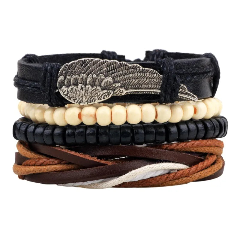casual letter feather wings pu leather alloy beaded patchwork men's bracelets