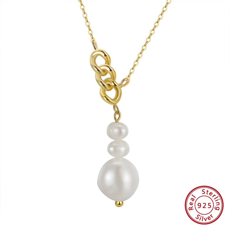 925 Sterling Silver Freshwater Pearl cable chain Plating Geometric Double Layer Necklaces Pendant Necklace Necklace