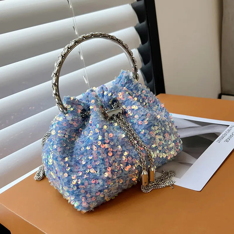 women's small spring&summer pu leather solid color fashion sequins bucket string bucket bag