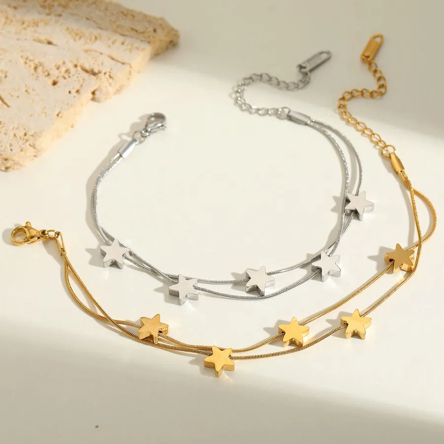 Casual Cute Lady Star Solid Color 304 Stainless Steel 18K Gold Plated Twisted Rope Chain Double-Layer Bracelet Multi Charms Bracelet In Bulk