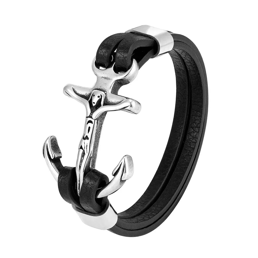 Hip-Hop Vintage Style Anchor Pu Leather Titanium Steel Woven Chain Wrap Bracelets Wholesale