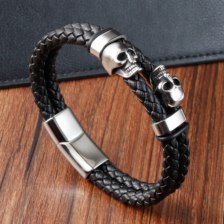 Vintage Style Classic Style Skull 316L Stainless Steel  Pu Leather Woven Chain Wrap Bracelets Wholesale