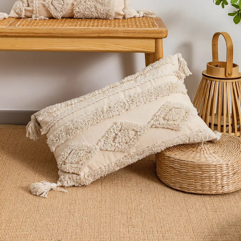 Bohemian Geometry Plush Pillow Moroccan White Flocking Sofa Cushion Model Room Sample House Pillow Soft Decorative Pillow