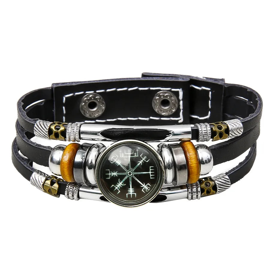 Hot Sale Viking Pirate Compass Pattern Leather Bracelet   Retro Multi-Layer Beaded Bracelet