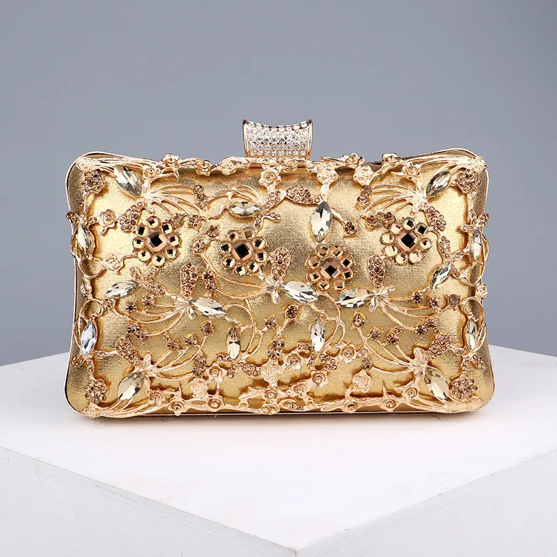 black gold silver pu leather flower rhinestone square clutch evening bag
