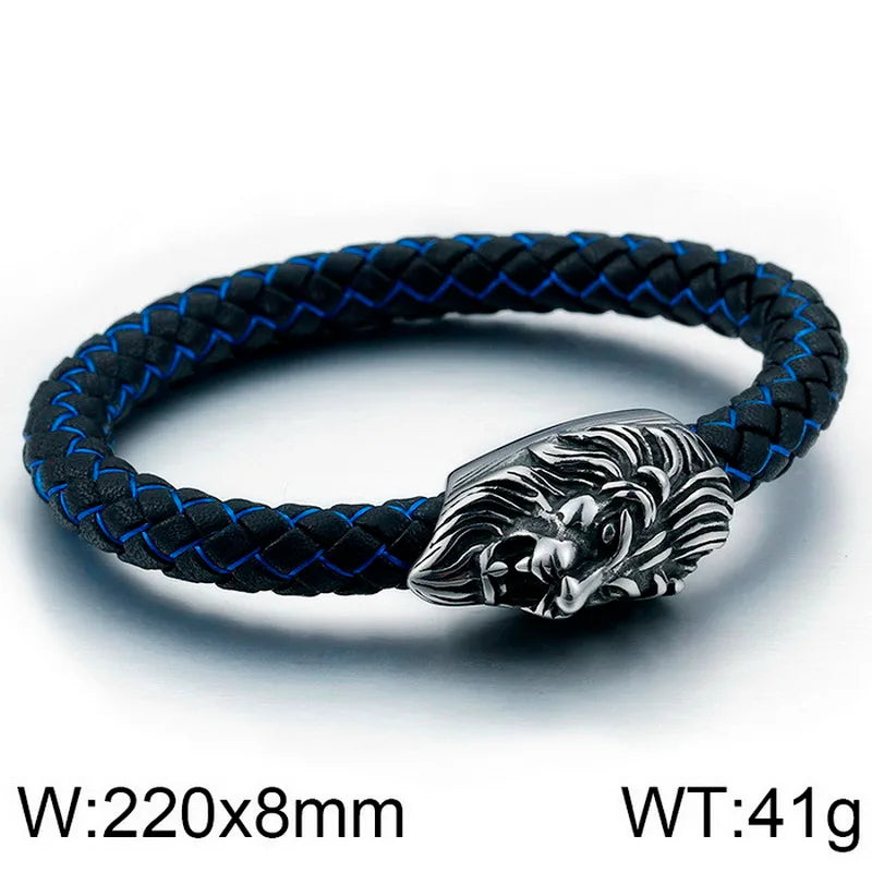 vintage style lion leather titanium steel men's bangle