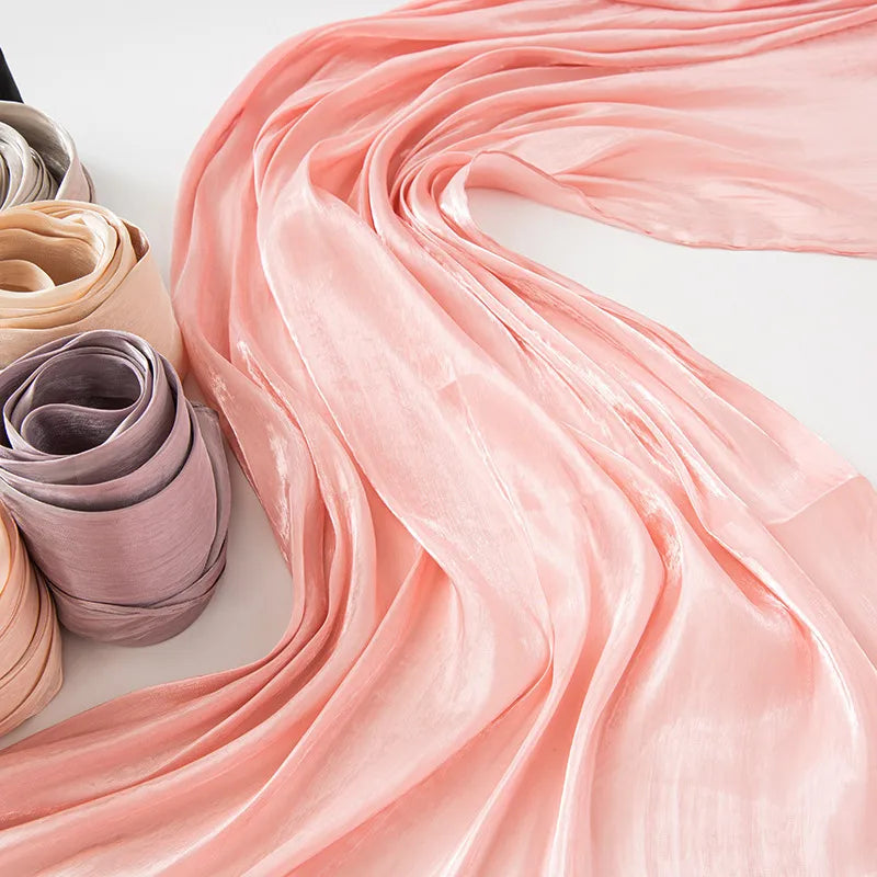 New Style Cool Breathable Bright Silk Chiffon Island Wrinkled Long Scarf Solid Color Simple Malay Indonesian Women's Bag Headscarf