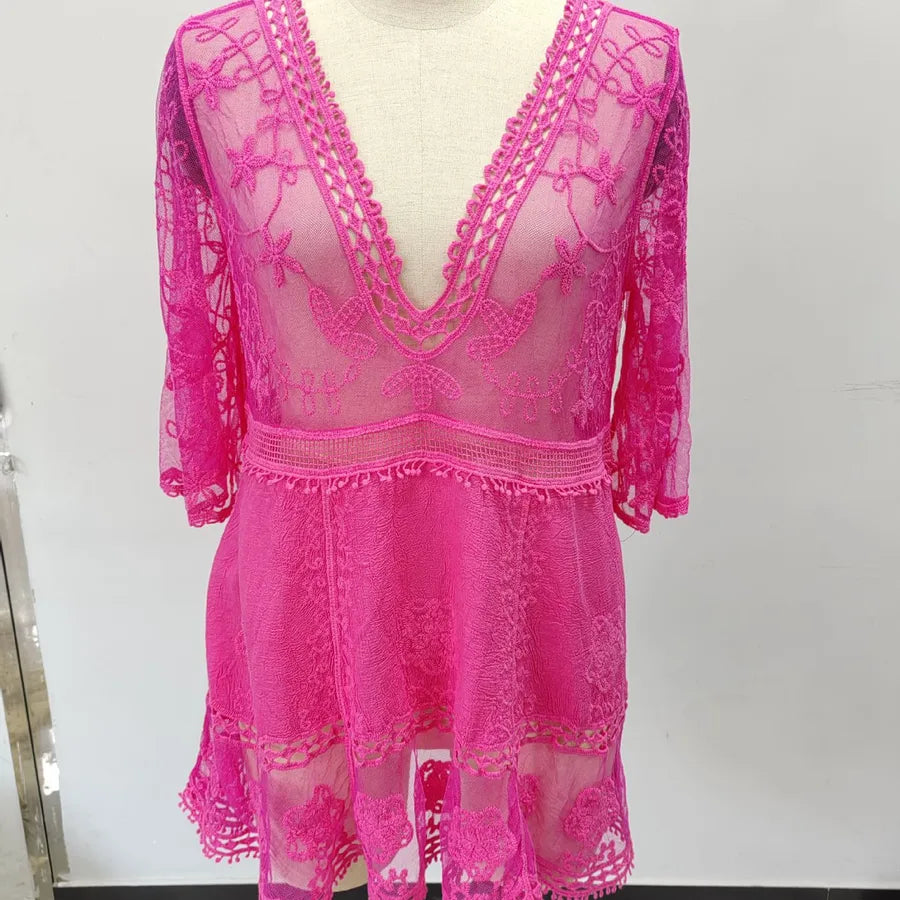 Women's Vacation V Neck Half Sleeve Solid Color Flower Holiday Beach