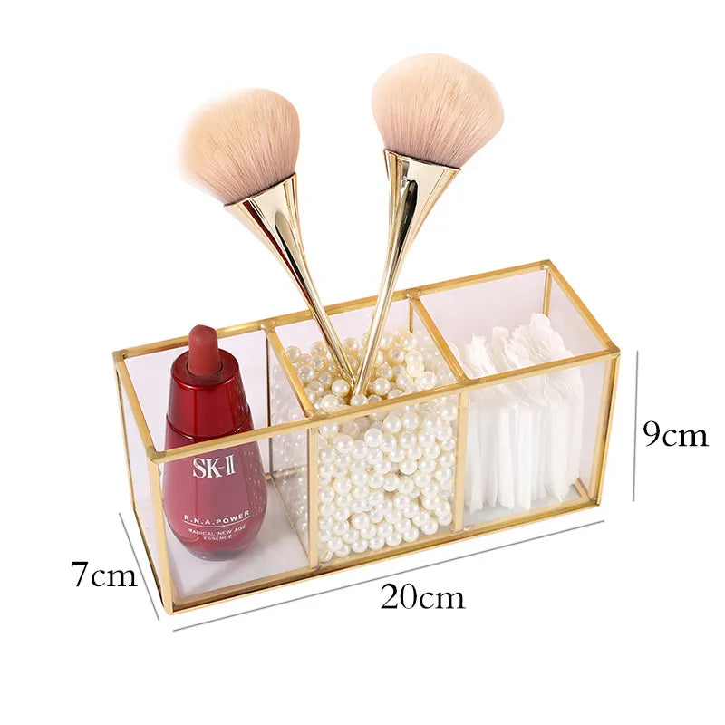 Nordic style golden glass compartment storage box transparent makeup brush storage bucket desktop beauty storage Golden Pen Holder