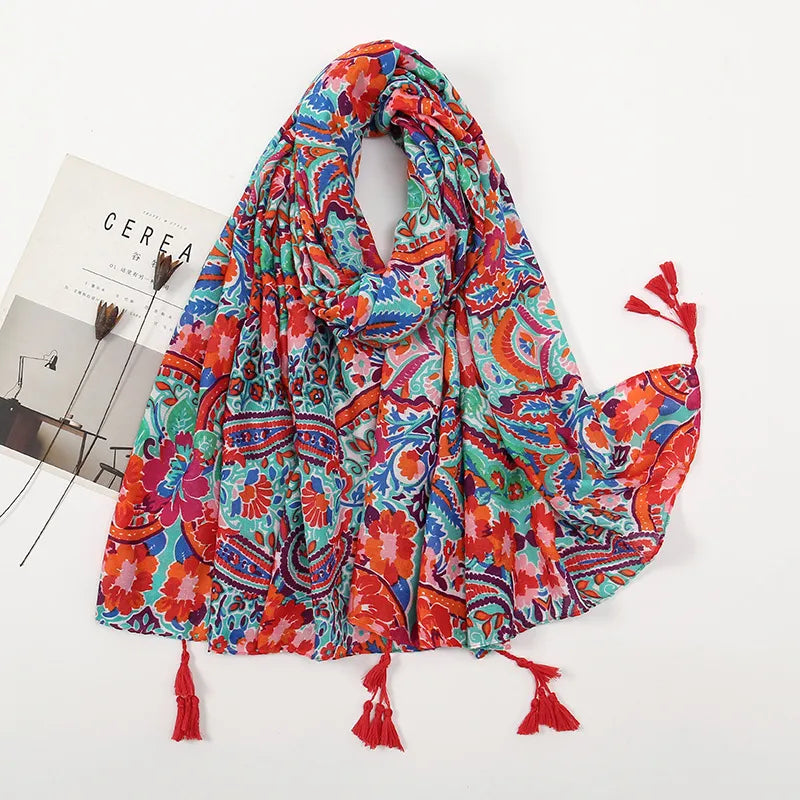 women's retro color block polyester printing scarf