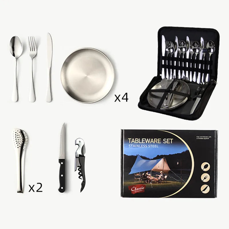 Outdoor travel stainless steel tableware camping picnic barbecue plate clip steak knife, fork and spoon suit portable storage bag