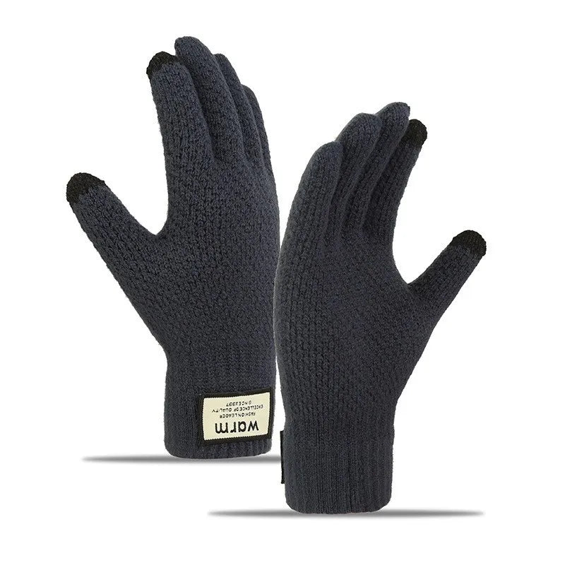 Knitted wool gloves non-slip five-finger plus velvet finger touch screen gloves for men and women autumn and winter Korean version of thick warm cycling gloves