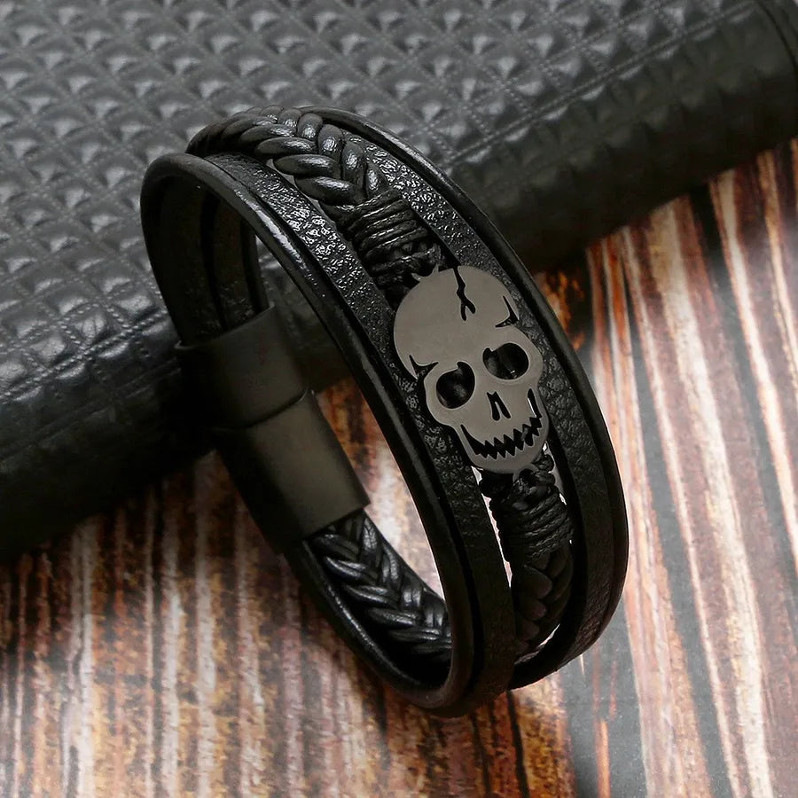 Punk Skull 304 Stainless Steel Pu Leather Braid Halloween Men'S Bracelets