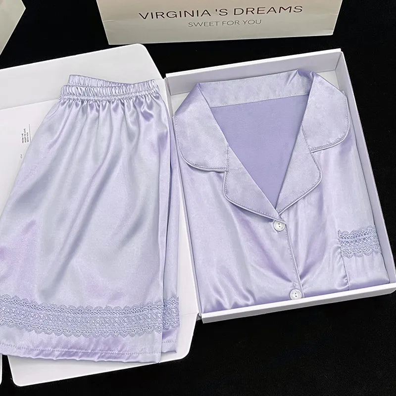 Home Women's Casual Lace Satin Shorts Sets Pajama Sets