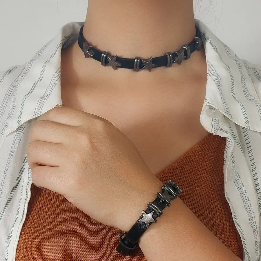 Hip-Hop Retro Punk Star Pu Leather  Unisex Bracelets Necklace Jewelry Set