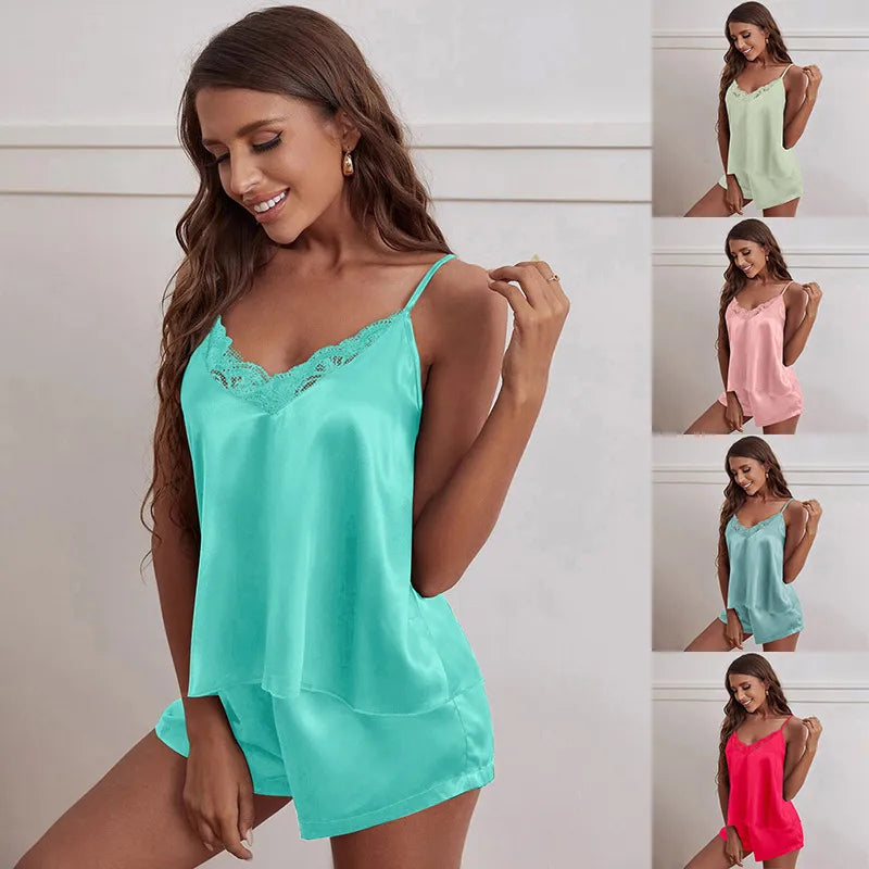 New summer   silk-like sexy suspender shorts sexy women's pajamas home wear pajamas