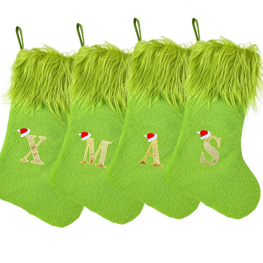 Christmas Decorations Knitted Plush Christmas Socks Letter Patterned Gift Bag Green Velvet Stockings Festive European Style