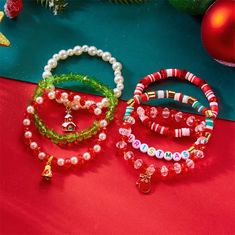 Fashionable Versatile Christmas Themed Soft Clay Bracelet With Glass Deer Snowflake Pearl Design Suitable For Men And Women