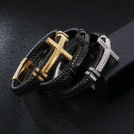 1 piece fashion cross cowhide titanium steel plating men's bangle