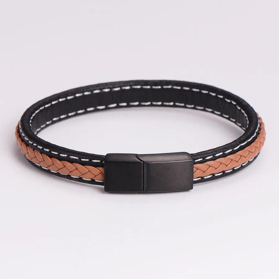 Elegant Color Block 304 Stainless Steel Pu Leather Braid Men's Bracelets Men Cord & Leather Bracelets