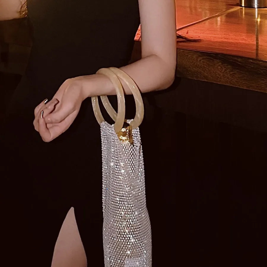 women's one size rhinestone solid color sexy cylindrical open handbag evening bag