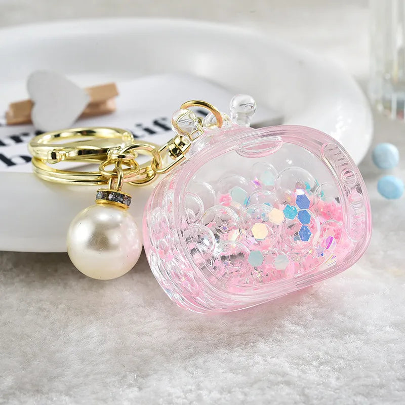 cartoon style geometric arylic plating artificial pearls women's bag pendant keychain