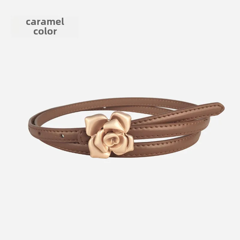 New Genuine Leather Women's Thin Belt Women's Flower Waist Slim Cowhide Women's Belt with Sweater Dress