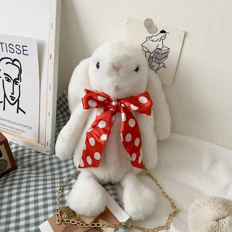 Women's Plush Rabbit Bow Knot Cute Cylindrical Zipper Crossbody Bag