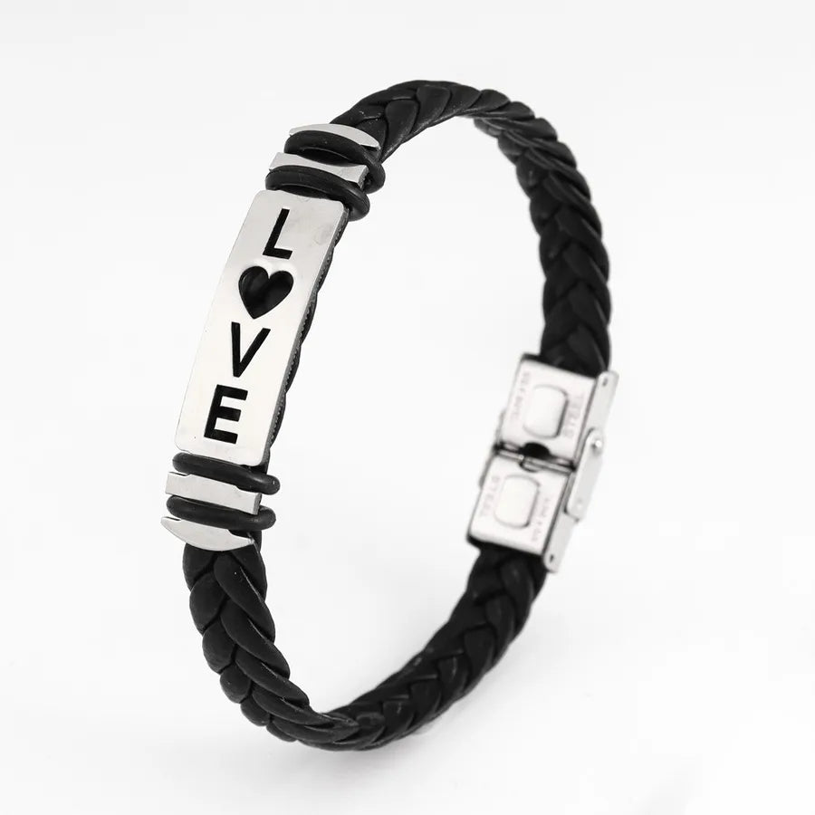 Retro Punk Solid Color 304 Stainless Steel Pu Leather Plating Men's Bangle Men Cord & Leather Bracelets