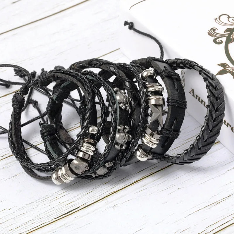 Punk Color Block Pu Leather Braid Men's Bangle