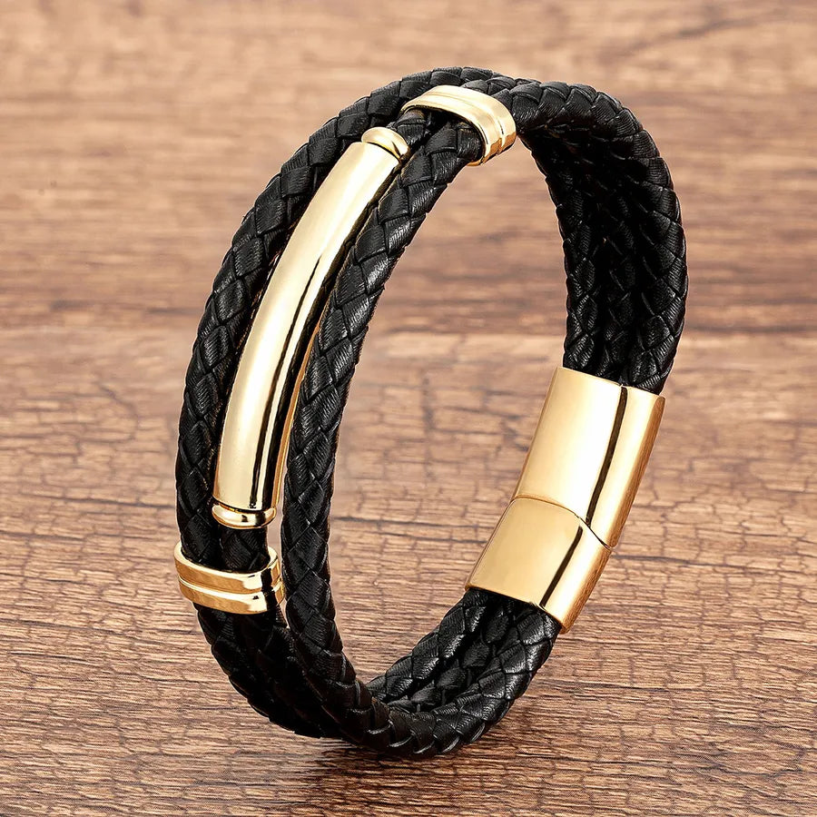 punk modern style geometric stainless steel pu leather men's bracelets