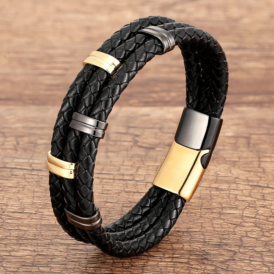 punk streetwear rectangle stainless steel pu leather men's bracelets