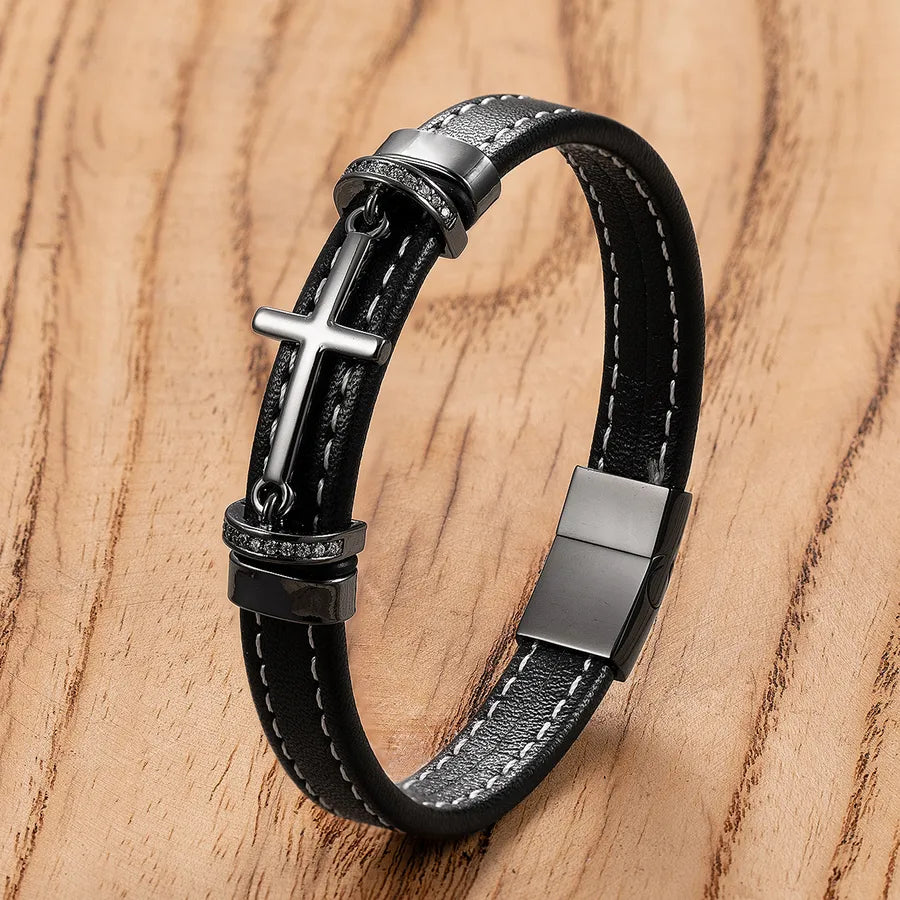 New Men's Fashion Stainless Steel Cross Shelf Accessories Bracelet Personality Woven Leather String Bracelet Ornament Wholesale