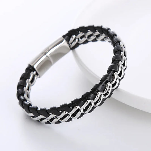 1 piece simple style geometric stainless steel leather patchwork men's bracelets