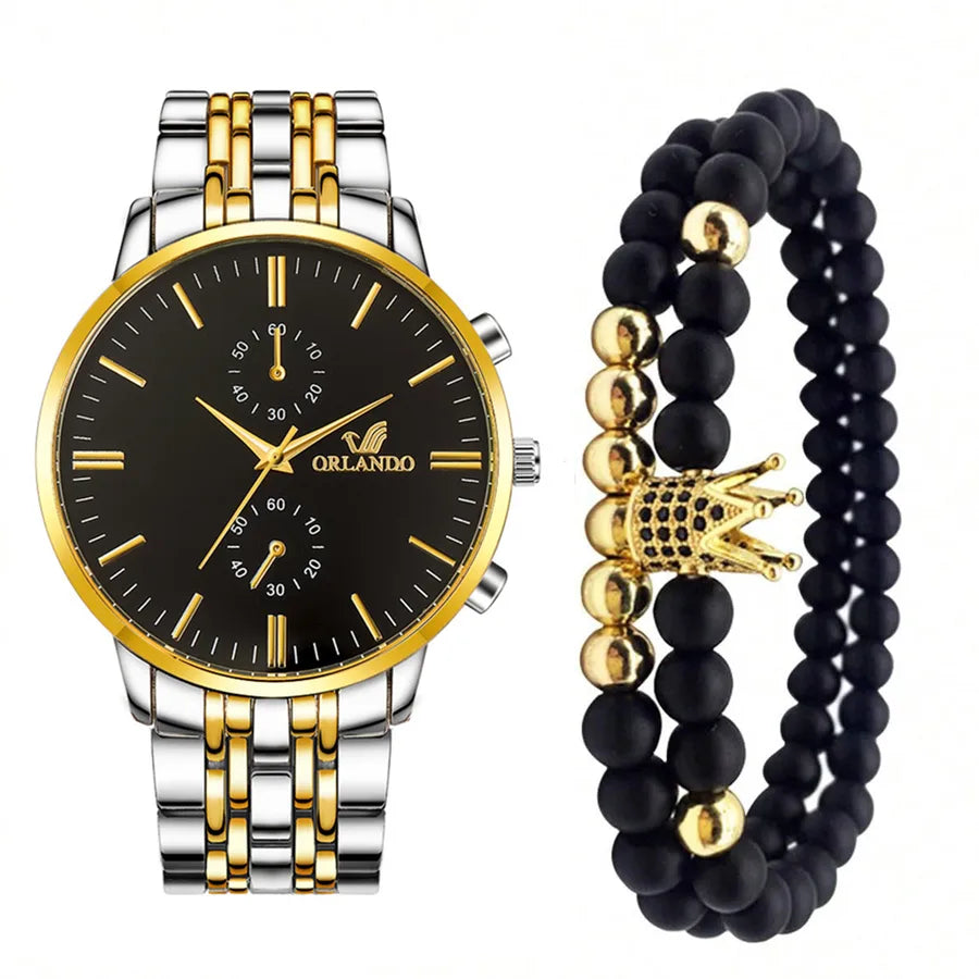 Crown Double Side Snaps Quartz Men's Watches & Bracelet Set