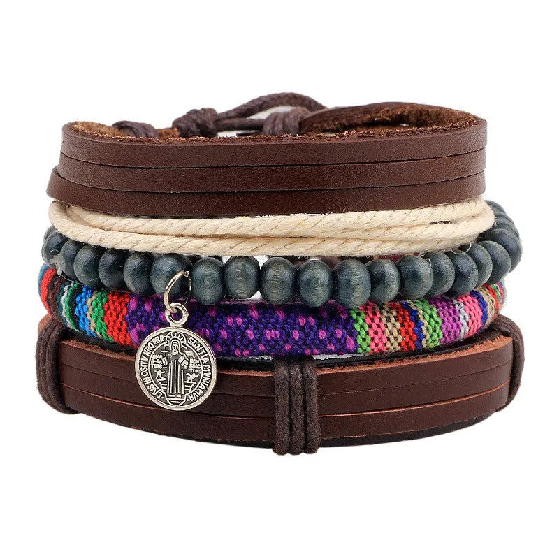 casual letter feather wings pu leather alloy beaded patchwork men's bracelets