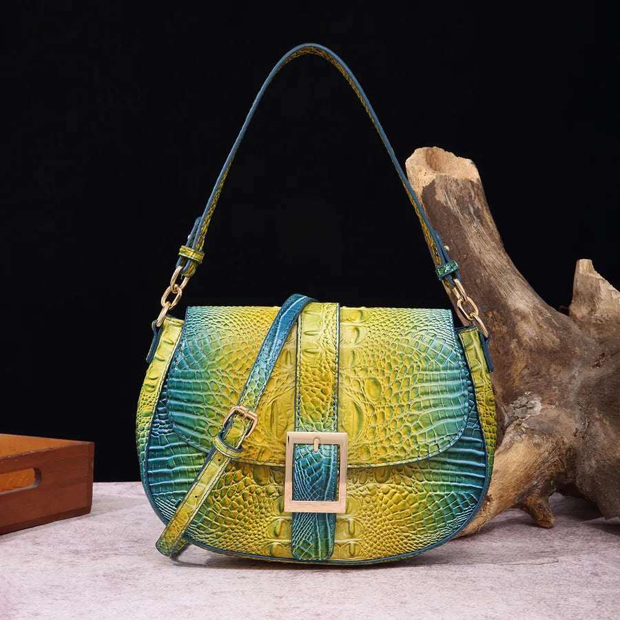 Women's Medium Pu Leather Crocodile Elegant Vintage Style Oval Buckle Crossbody Bag