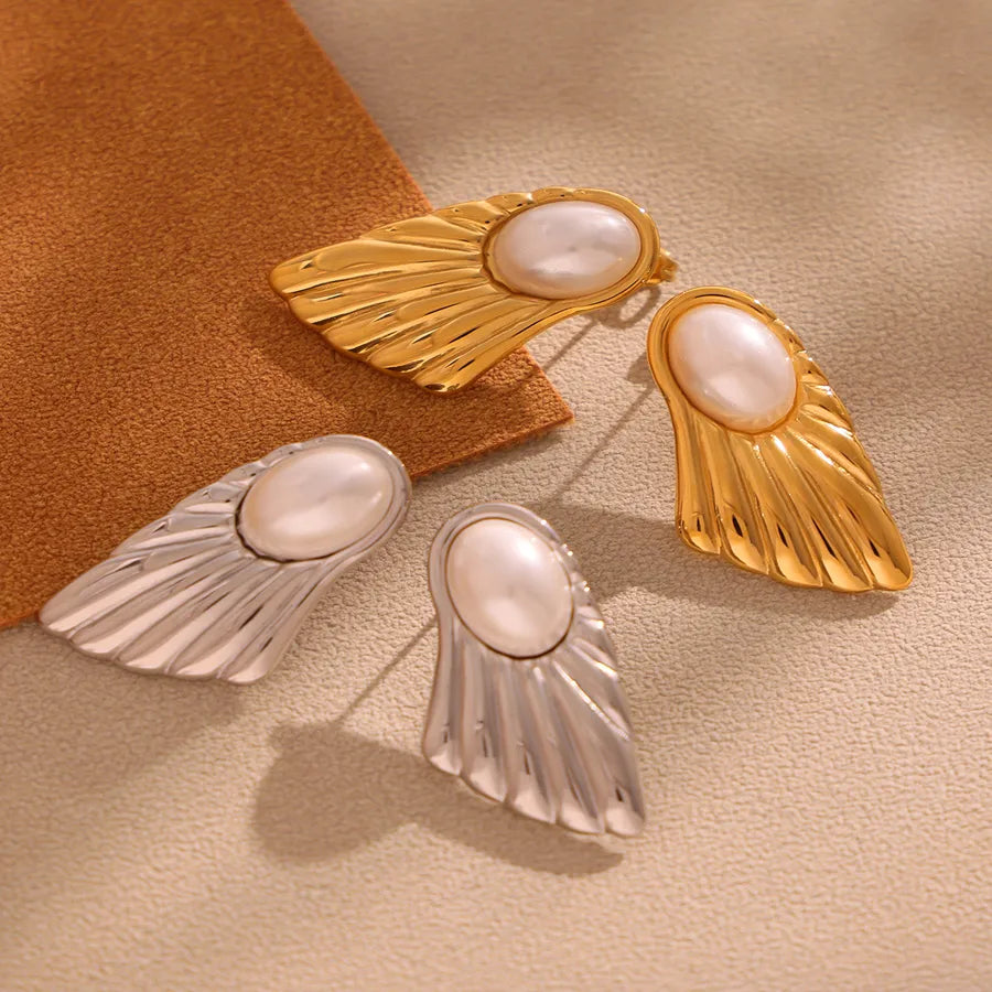 IG Style Casual Vacation Sector Scallop Plating 304 Stainless Steel Imitation Pearl Artificial Pearls 18K Gold Plated Earrings Ear Studs