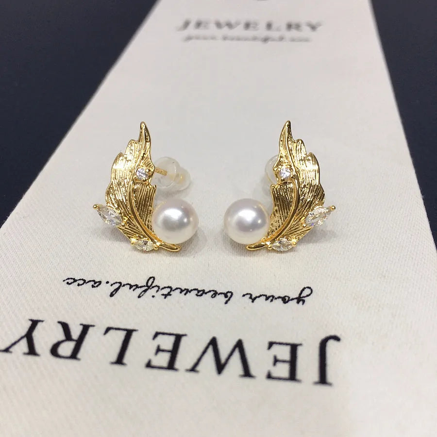 Zhuji Natural Freshwater Pearl Earrings Women's Golden Branches and Jade Leaves High-end Fashion Exquisite Pearl Earrings Wholesale