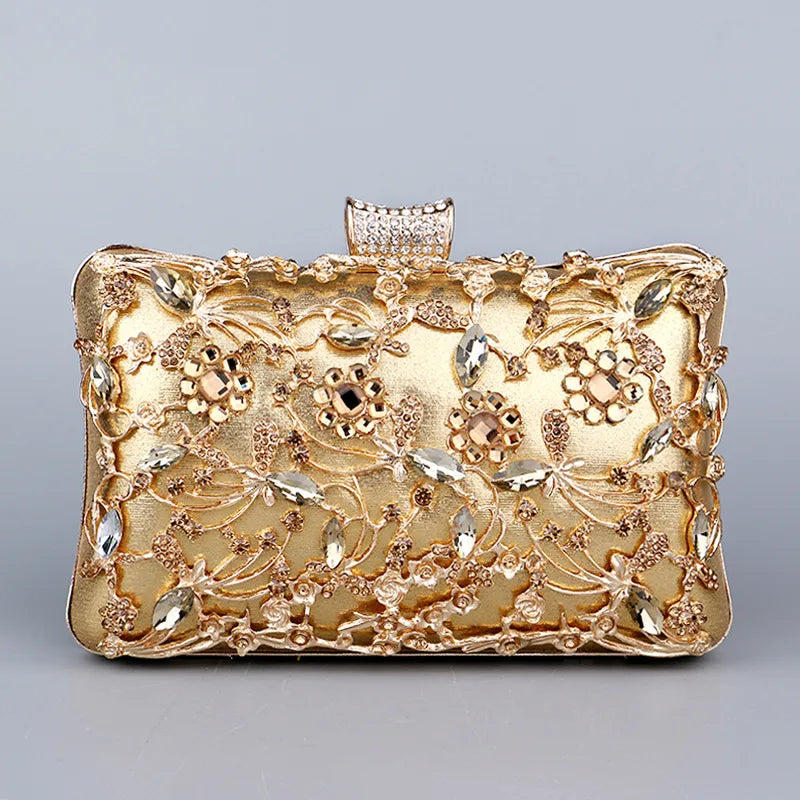 black gold silver pu leather flower rhinestone square clutch evening bag
