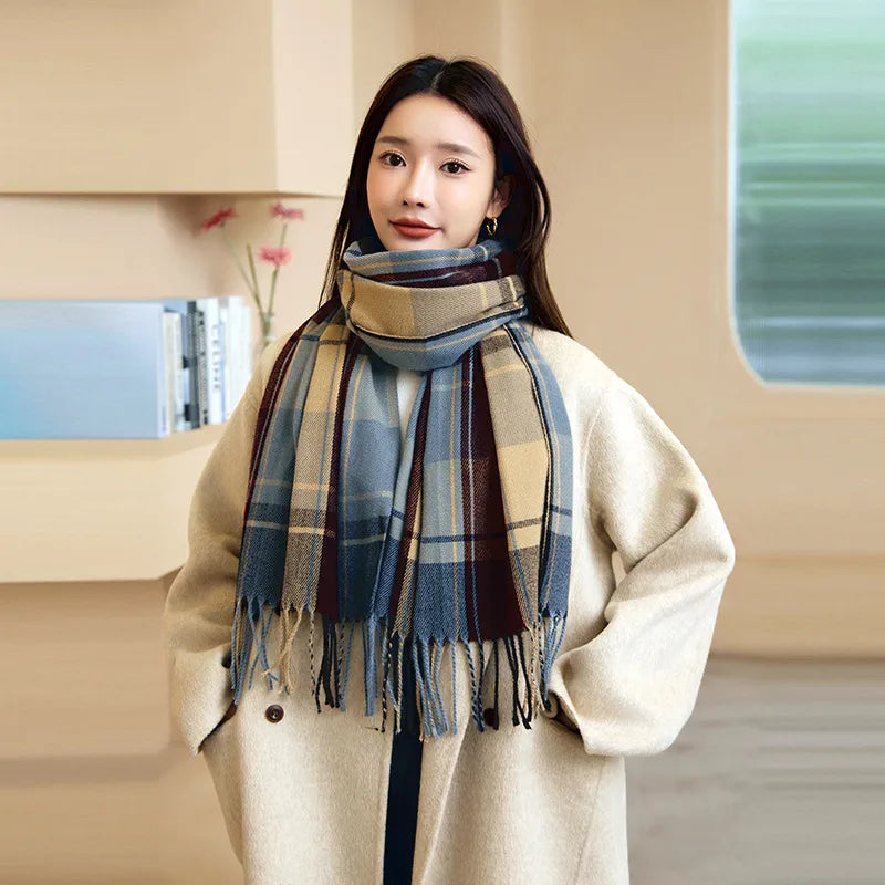 women's fashion plaid imitation cashmere tassel winter scarves