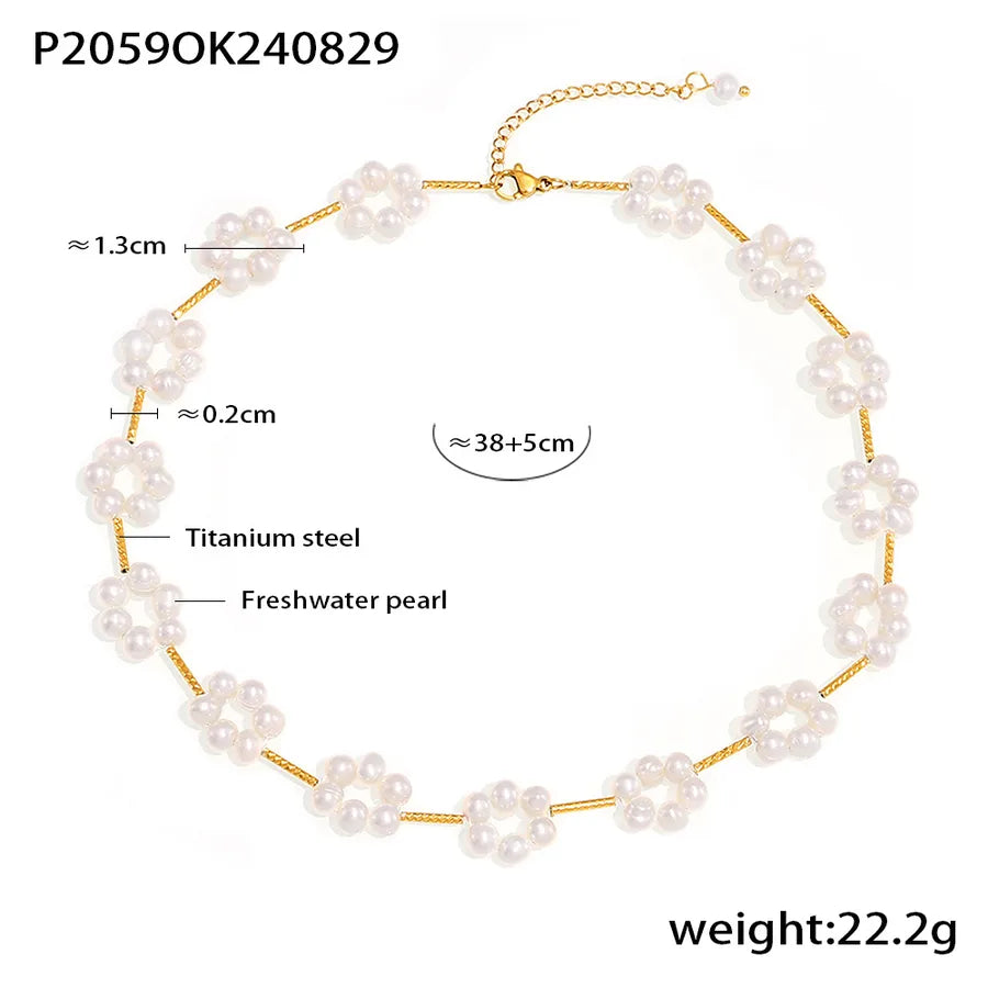 Freshwater Pearl Titanium Steel Ion Plating (IP) Flower Necklace