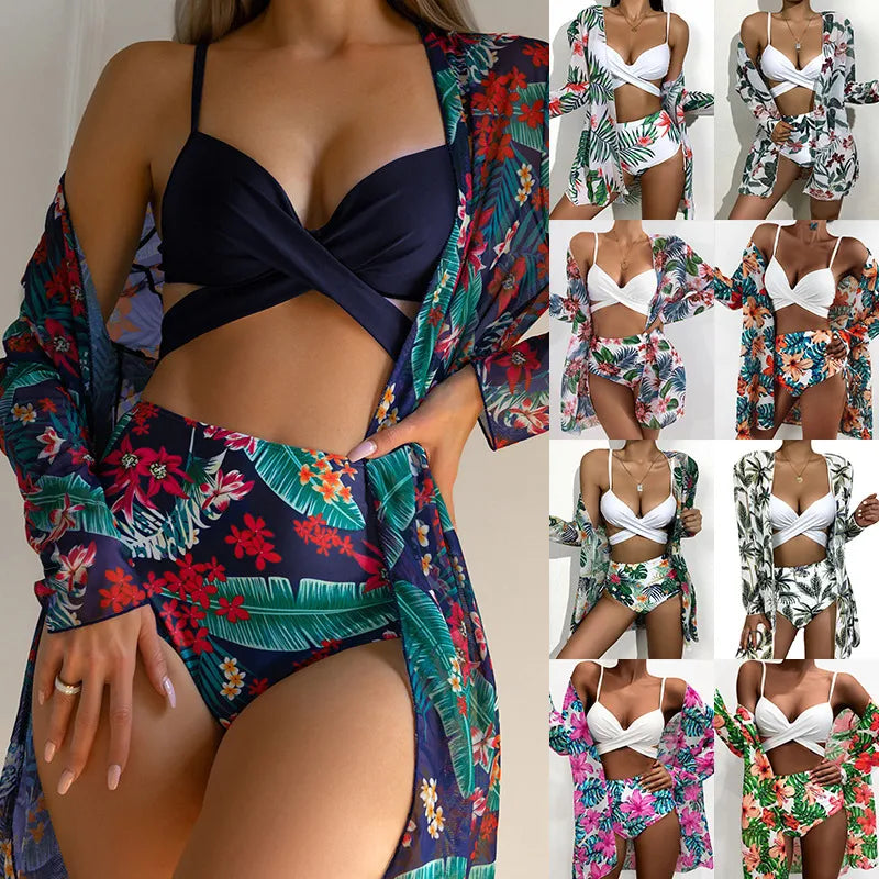 Women's Simple Style Ditsy Floral 3 Pieces Set Bikinis Swimwear