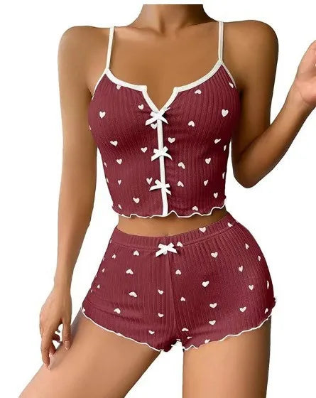 Home Daily Women's Casual Heart Shape Spandex Polyester Printing Bowknot Pants Sets Pajama Sets