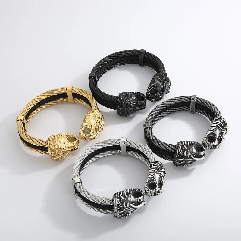 Retro Punk Animal Lion Stainless Steel 18K Gold Plated Bangle In Bulk