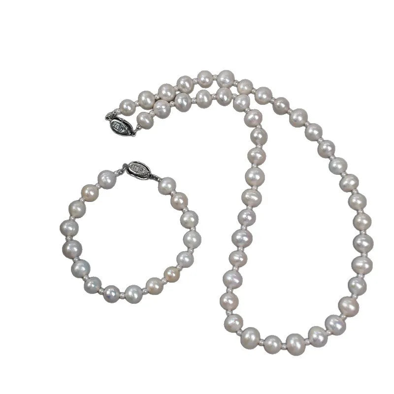 Natural Freshwater Pearl Necklace Elegant Simple Round Bead Mommy Chain Pearl Pendant Jewelry Set For Women
