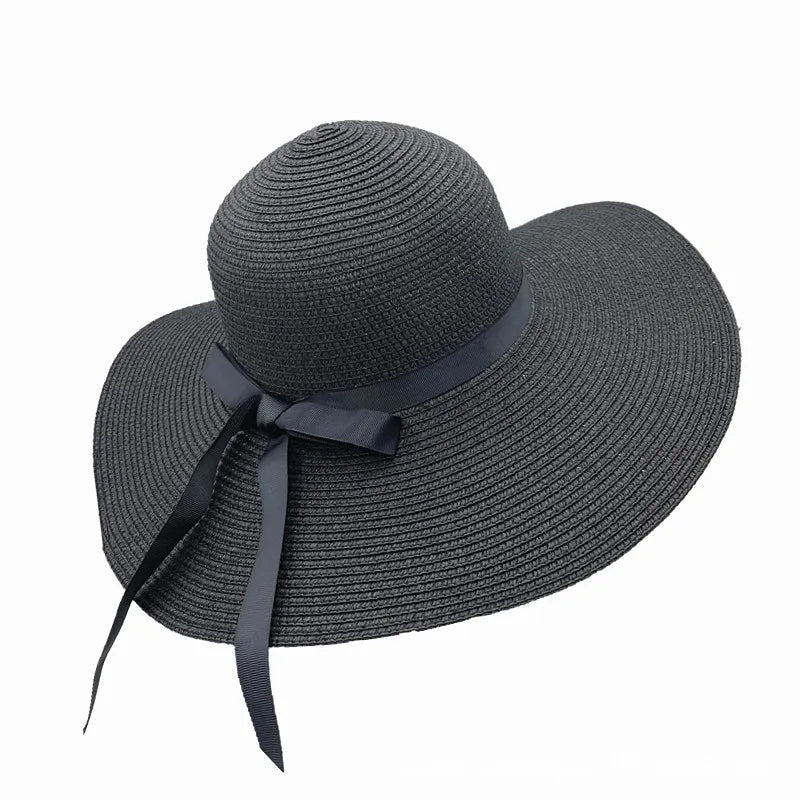 women's vacation solid color bowknot big eaves straw hat