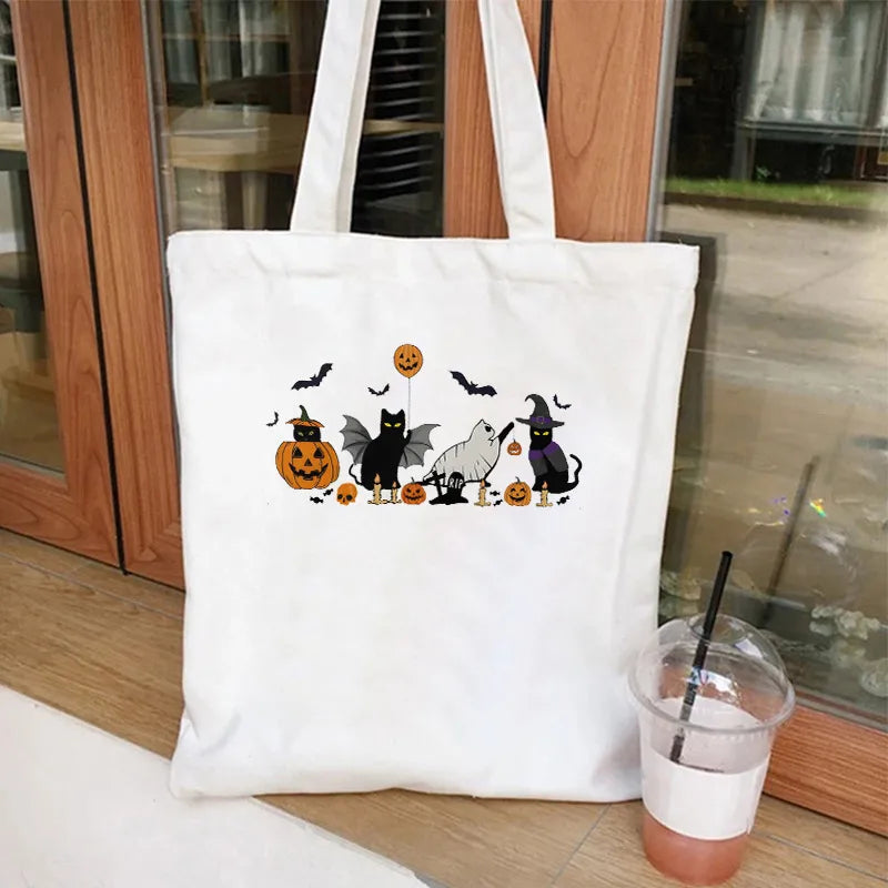 Cute Cat Halloween Party Bag Women Ghost Canvas Tote Bag Harajuku Fashion Shopping Bag Square Shape Large Size Retro Print