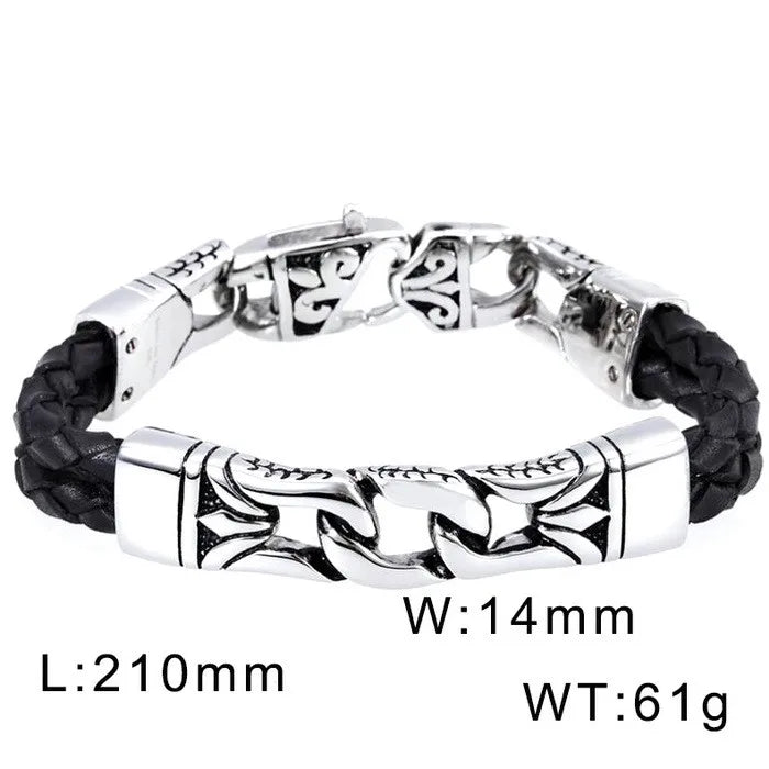 hip-hop retro color block pu leather titanium steel plating gold plated men's bracelets
