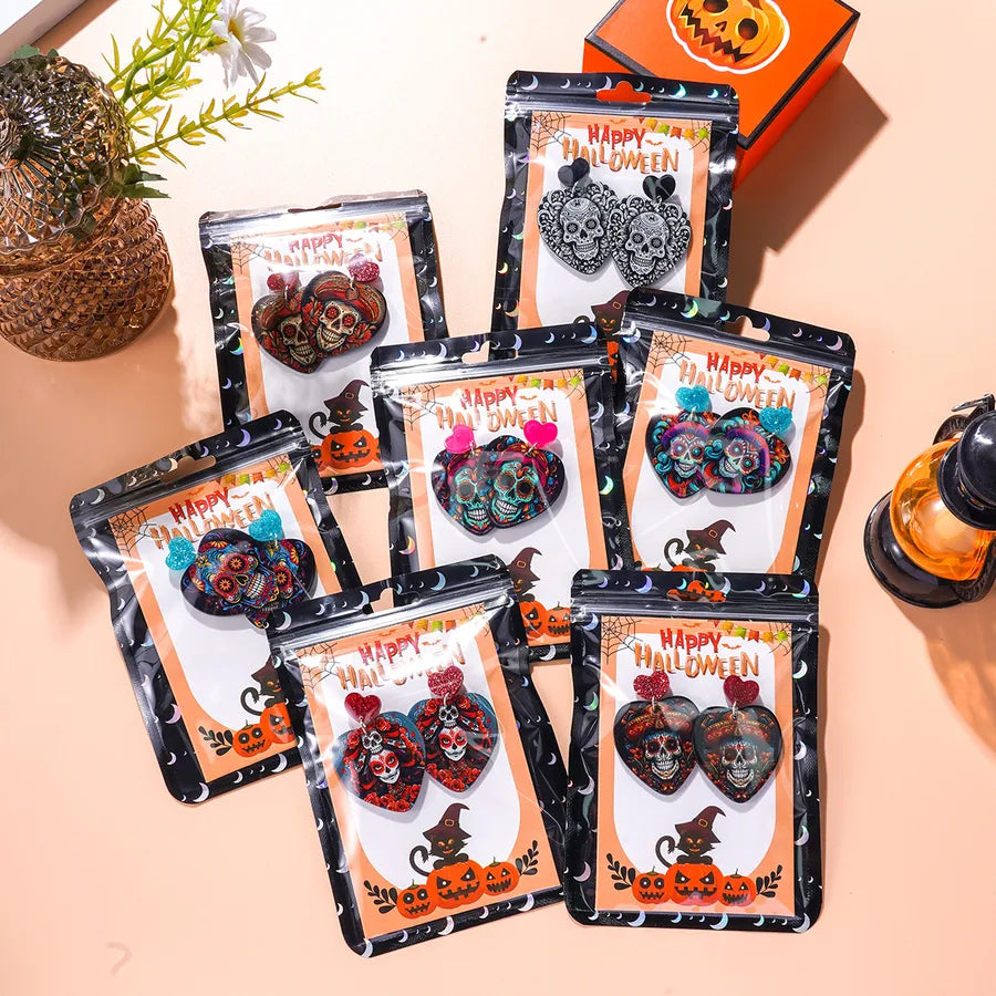 Creative Acrylic Skeleton Head Earrings Set For Women Halloween Theme Personalized Fashion Jewelry Love Shape Card Included